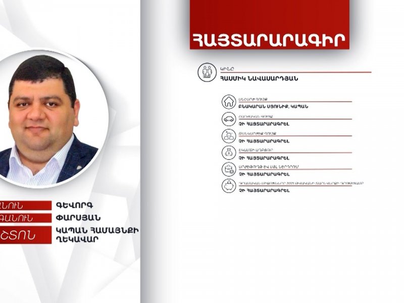 2 անշարժ գույք, ավտոմեքենա, 2 մլն դրամ. Կապանի համայնքապետ Գևորգ Փարսյանի հայտարարագիրը